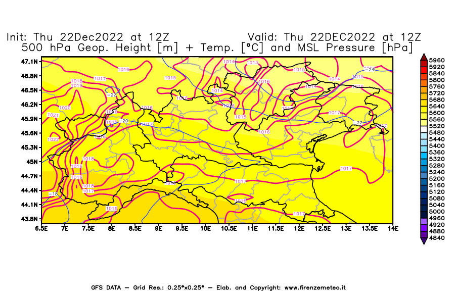 Mappa di analisi GFS - Geopotenziale [m] + Temp. [°C] a 500 hPa + Press. a livello del mare [hPa] in Nord-Italia
							del 22/12/2022 12 <!--googleoff: index-->UTC<!--googleon: index-->