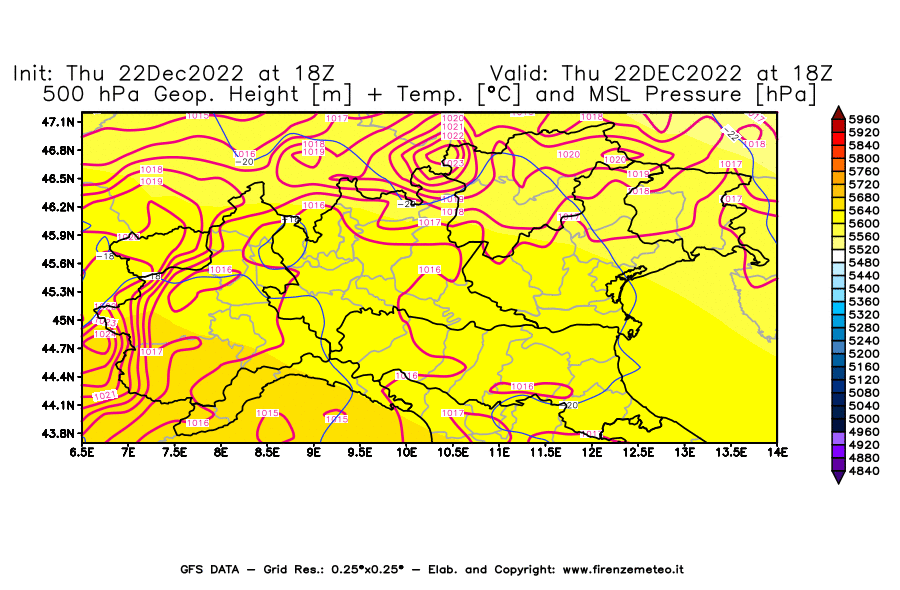 Mappa di analisi GFS - Geopotenziale [m] + Temp. [°C] a 500 hPa + Press. a livello del mare [hPa] in Nord-Italia
							del 22/12/2022 18 <!--googleoff: index-->UTC<!--googleon: index-->