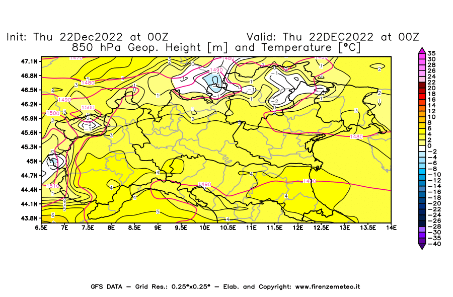 Mappa di analisi GFS - Geopotenziale [m] e Temperatura [°C] a 850 hPa in Nord-Italia
							del 22/12/2022 00 <!--googleoff: index-->UTC<!--googleon: index-->
