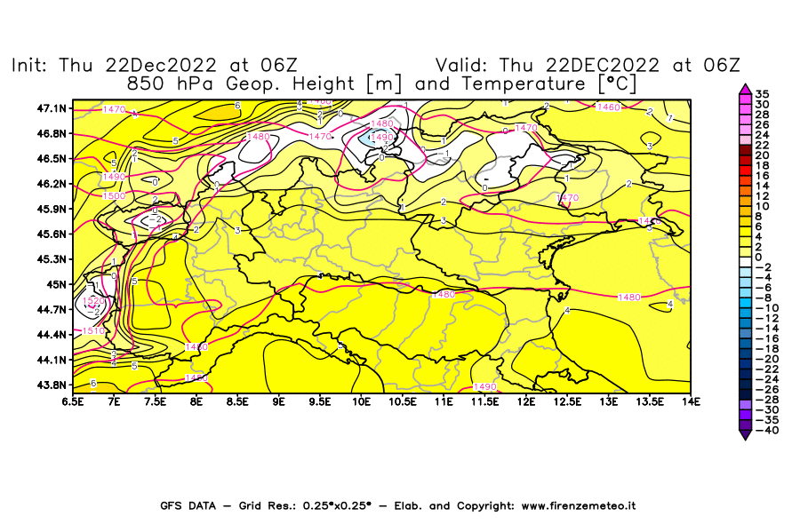 Mappa di analisi GFS - Geopotenziale [m] e Temperatura [°C] a 850 hPa in Nord-Italia
							del 22/12/2022 06 <!--googleoff: index-->UTC<!--googleon: index-->