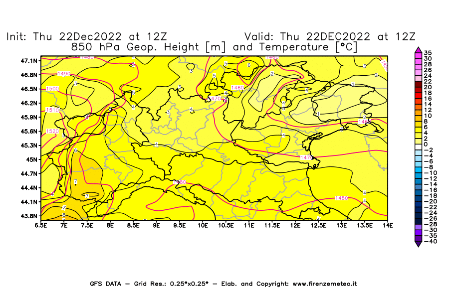 Mappa di analisi GFS - Geopotenziale [m] e Temperatura [°C] a 850 hPa in Nord-Italia
							del 22/12/2022 12 <!--googleoff: index-->UTC<!--googleon: index-->