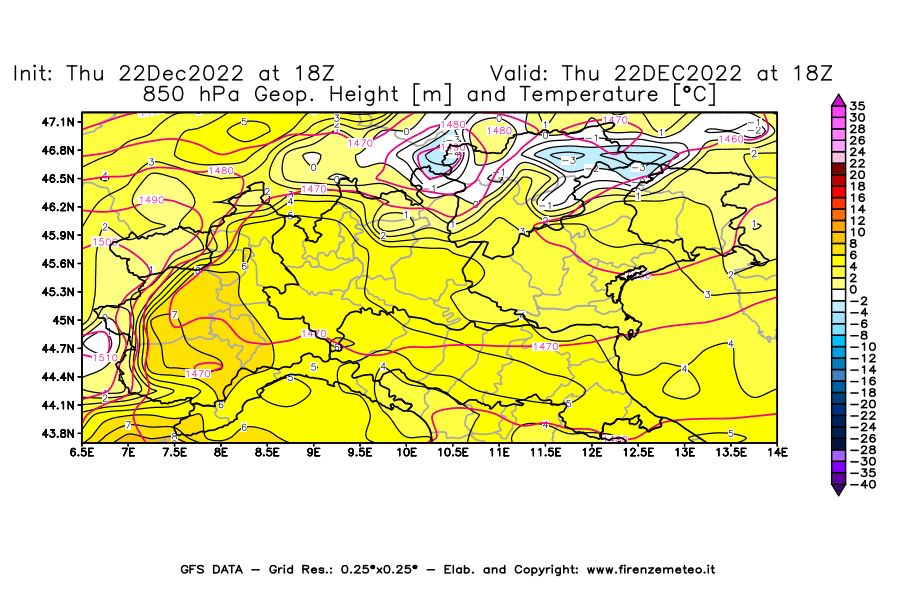 Mappa di analisi GFS - Geopotenziale [m] e Temperatura [°C] a 850 hPa in Nord-Italia
							del 22/12/2022 18 <!--googleoff: index-->UTC<!--googleon: index-->
