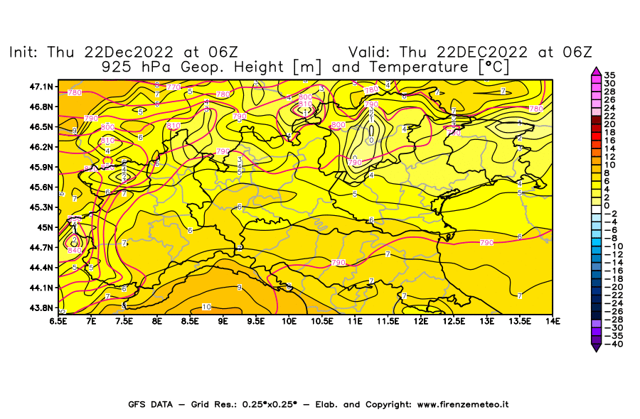 Mappa di analisi GFS - Geopotenziale [m] e Temperatura [°C] a 925 hPa in Nord-Italia
							del 22/12/2022 06 <!--googleoff: index-->UTC<!--googleon: index-->