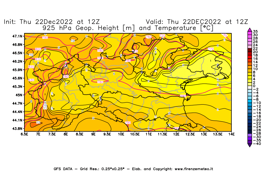 Mappa di analisi GFS - Geopotenziale [m] e Temperatura [°C] a 925 hPa in Nord-Italia
							del 22/12/2022 12 <!--googleoff: index-->UTC<!--googleon: index-->
