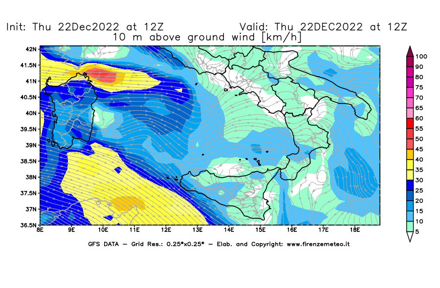 Mappa di analisi GFS - Velocità del vento a 10 metri dal suolo [km/h] in Sud-Italia
							del 22/12/2022 12 <!--googleoff: index-->UTC<!--googleon: index-->