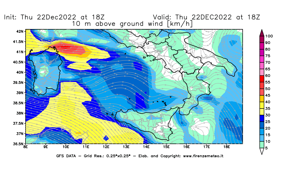 Mappa di analisi GFS - Velocità del vento a 10 metri dal suolo [km/h] in Sud-Italia
							del 22/12/2022 18 <!--googleoff: index-->UTC<!--googleon: index-->