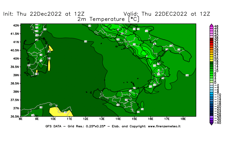 Mappa di analisi GFS - Temperatura a 2 metri dal suolo [°C] in Sud-Italia
							del 22/12/2022 12 <!--googleoff: index-->UTC<!--googleon: index-->