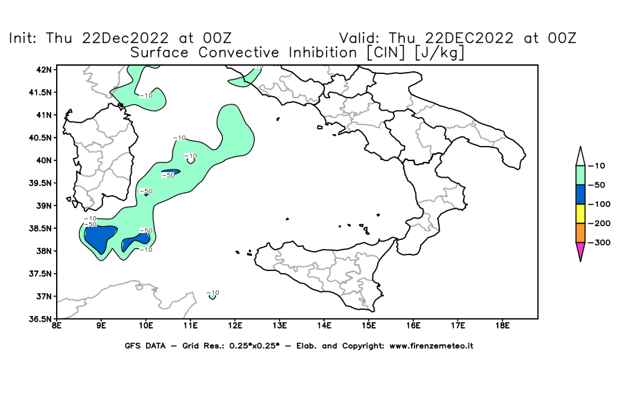 Mappa di analisi GFS - CIN [J/kg] in Sud-Italia
							del 22/12/2022 00 <!--googleoff: index-->UTC<!--googleon: index-->