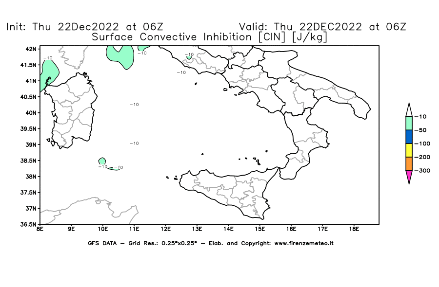 Mappa di analisi GFS - CIN [J/kg] in Sud-Italia
							del 22/12/2022 06 <!--googleoff: index-->UTC<!--googleon: index-->
