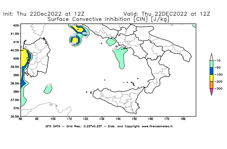 Mappa di analisi GFS - CIN [J/kg] in Sud-Italia
							del 22/12/2022 12 <!--googleoff: index-->UTC<!--googleon: index-->