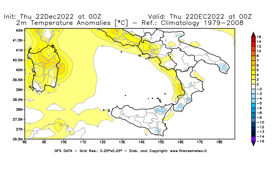 Mappa di analisi GFS - Anomalia Temperatura [°C] a 2 m in Sud-Italia
							del 22/12/2022 00 <!--googleoff: index-->UTC<!--googleon: index-->