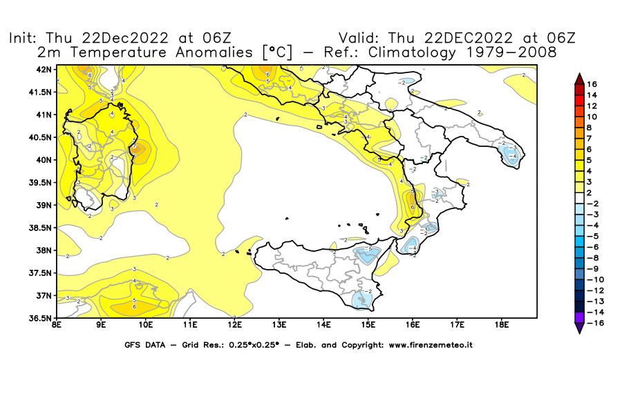 Mappa di analisi GFS - Anomalia Temperatura [°C] a 2 m in Sud-Italia
							del 22/12/2022 06 <!--googleoff: index-->UTC<!--googleon: index-->