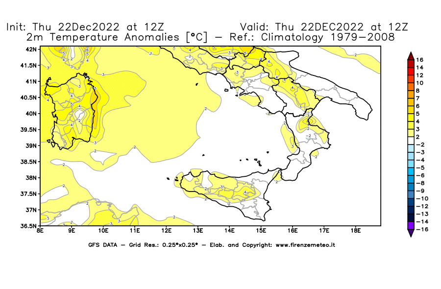 Mappa di analisi GFS - Anomalia Temperatura [°C] a 2 m in Sud-Italia
							del 22/12/2022 12 <!--googleoff: index-->UTC<!--googleon: index-->