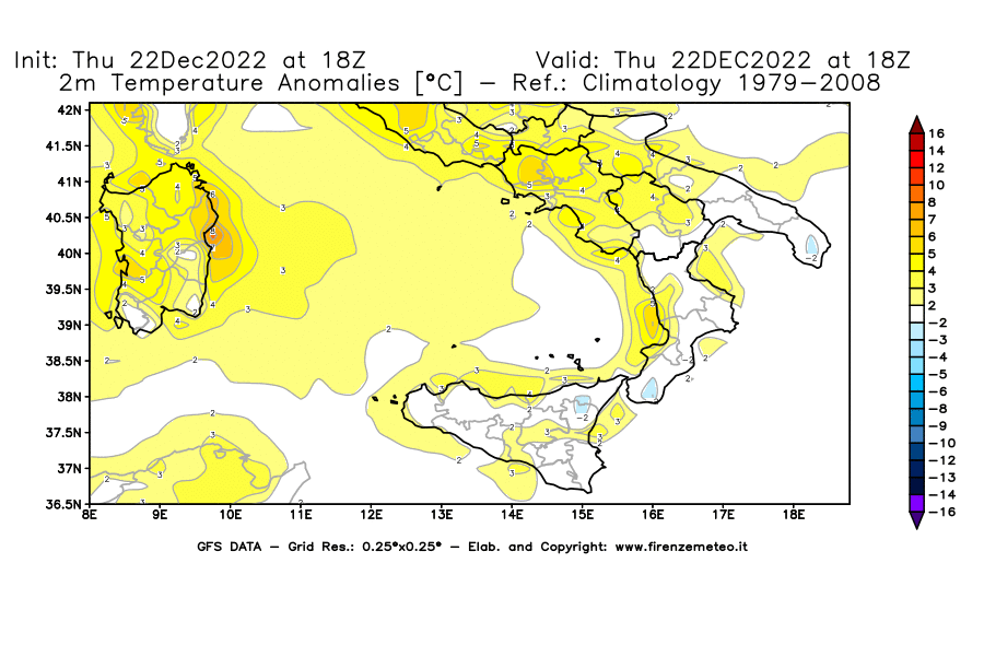 Mappa di analisi GFS - Anomalia Temperatura [°C] a 2 m in Sud-Italia
							del 22/12/2022 18 <!--googleoff: index-->UTC<!--googleon: index-->