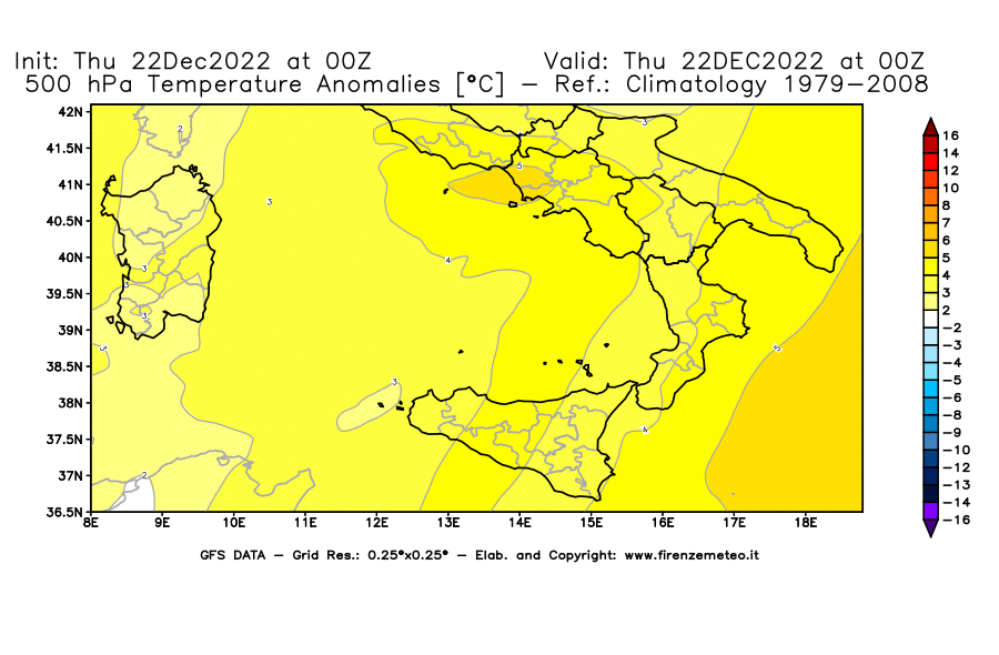 Mappa di analisi GFS - Anomalia Temperatura [°C] a 500 hPa in Sud-Italia
							del 22/12/2022 00 <!--googleoff: index-->UTC<!--googleon: index-->