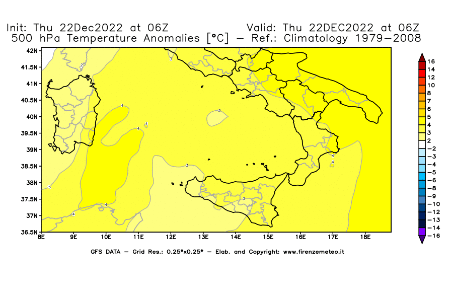 Mappa di analisi GFS - Anomalia Temperatura [°C] a 500 hPa in Sud-Italia
							del 22/12/2022 06 <!--googleoff: index-->UTC<!--googleon: index-->