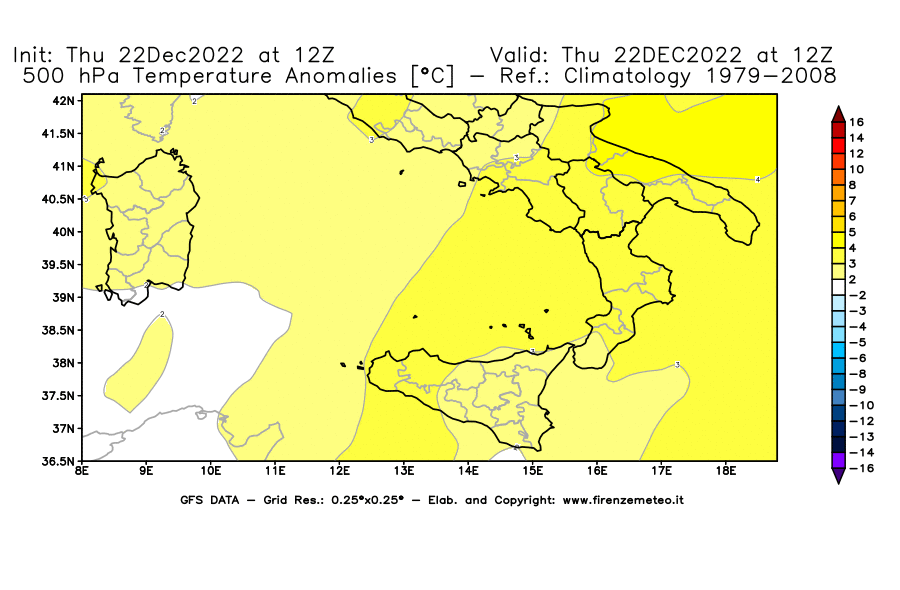 Mappa di analisi GFS - Anomalia Temperatura [°C] a 500 hPa in Sud-Italia
							del 22/12/2022 12 <!--googleoff: index-->UTC<!--googleon: index-->