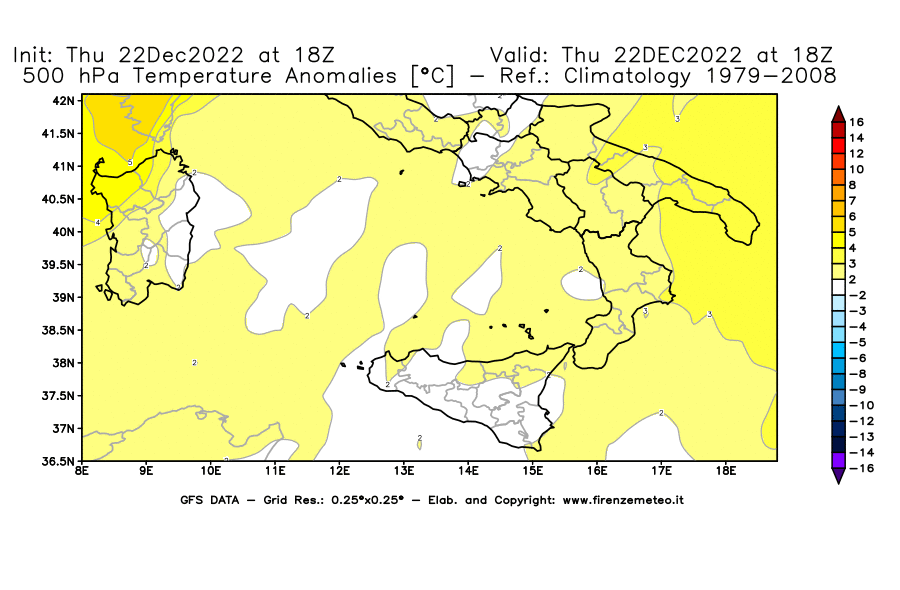 Mappa di analisi GFS - Anomalia Temperatura [°C] a 500 hPa in Sud-Italia
							del 22/12/2022 18 <!--googleoff: index-->UTC<!--googleon: index-->
