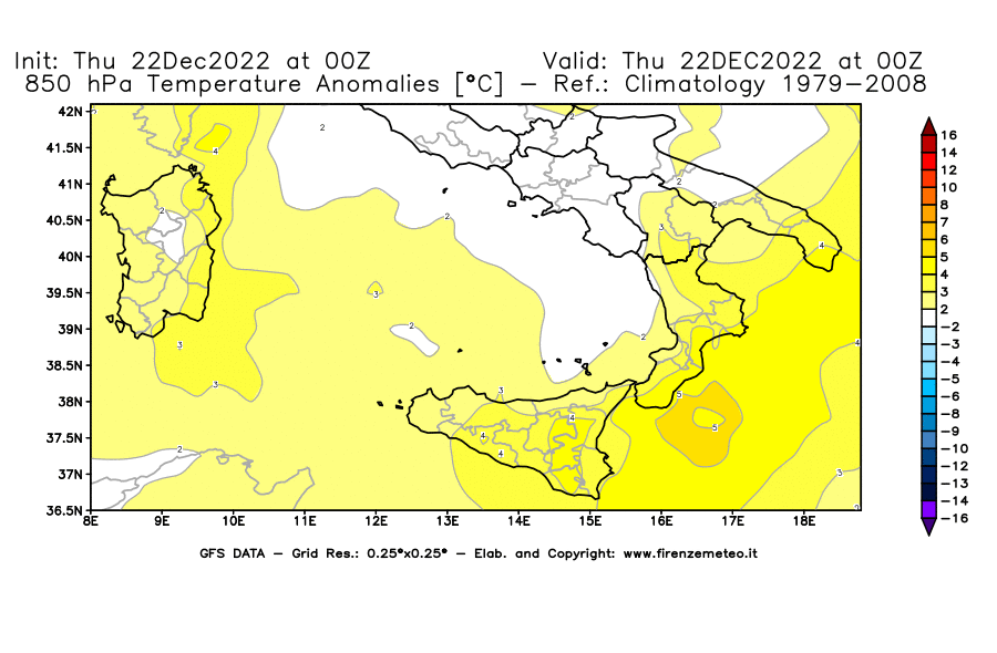 Mappa di analisi GFS - Anomalia Temperatura [°C] a 850 hPa in Sud-Italia
							del 22/12/2022 00 <!--googleoff: index-->UTC<!--googleon: index-->