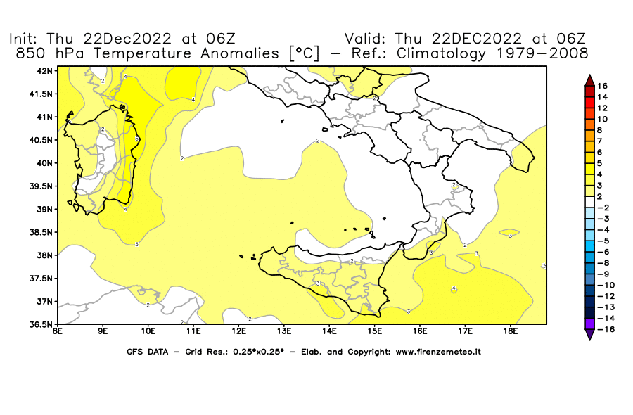 Mappa di analisi GFS - Anomalia Temperatura [°C] a 850 hPa in Sud-Italia
							del 22/12/2022 06 <!--googleoff: index-->UTC<!--googleon: index-->