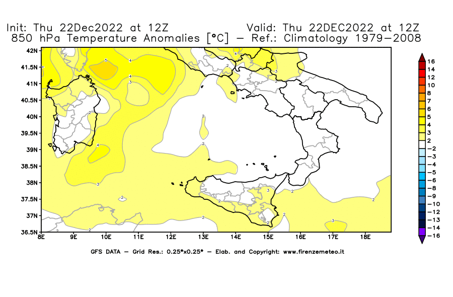 Mappa di analisi GFS - Anomalia Temperatura [°C] a 850 hPa in Sud-Italia
							del 22/12/2022 12 <!--googleoff: index-->UTC<!--googleon: index-->