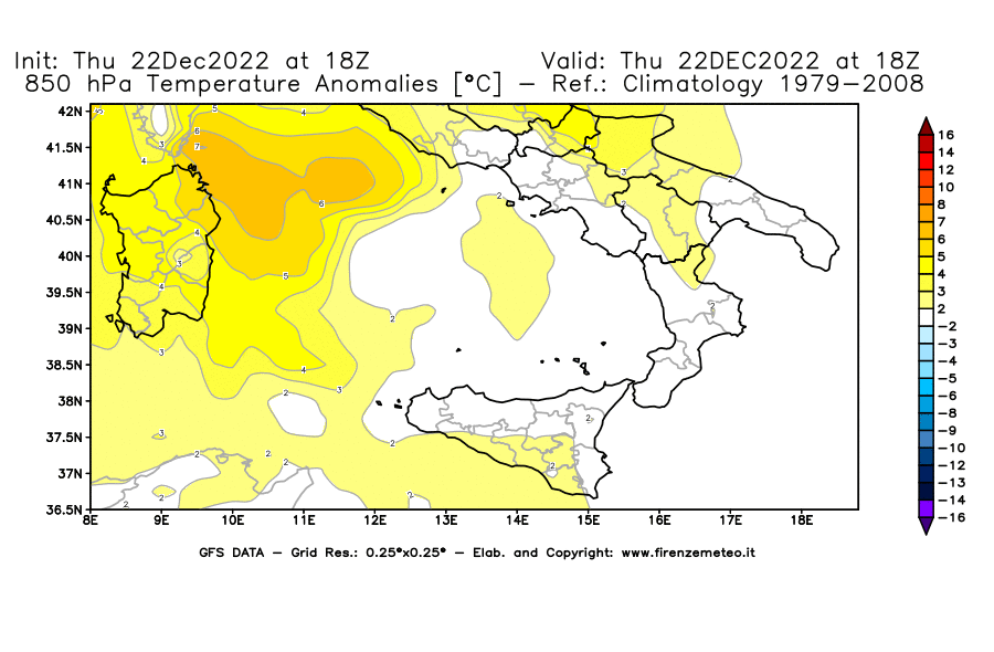 Mappa di analisi GFS - Anomalia Temperatura [°C] a 850 hPa in Sud-Italia
							del 22/12/2022 18 <!--googleoff: index-->UTC<!--googleon: index-->