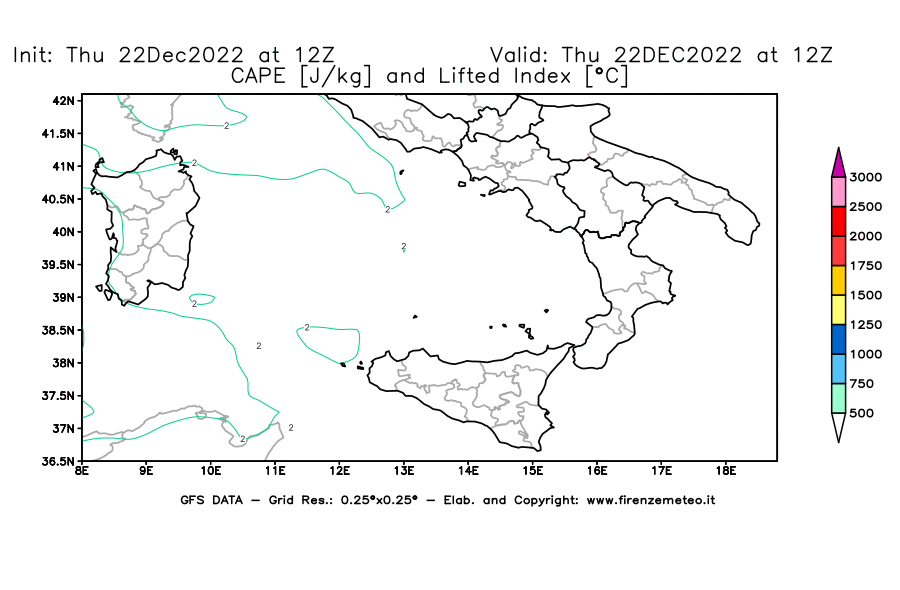 Mappa di analisi GFS - CAPE [J/kg] e Lifted Index [°C] in Sud-Italia
							del 22/12/2022 12 <!--googleoff: index-->UTC<!--googleon: index-->