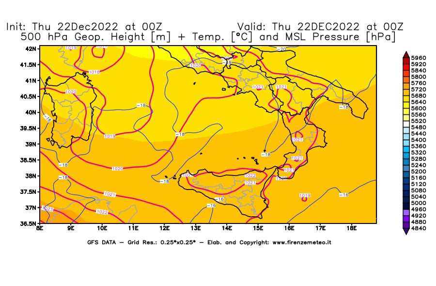 Mappa di analisi GFS - Geopotenziale [m] + Temp. [°C] a 500 hPa + Press. a livello del mare [hPa] in Sud-Italia
							del 22/12/2022 00 <!--googleoff: index-->UTC<!--googleon: index-->