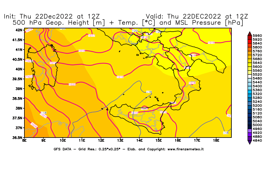 Mappa di analisi GFS - Geopotenziale [m] + Temp. [°C] a 500 hPa + Press. a livello del mare [hPa] in Sud-Italia
							del 22/12/2022 12 <!--googleoff: index-->UTC<!--googleon: index-->