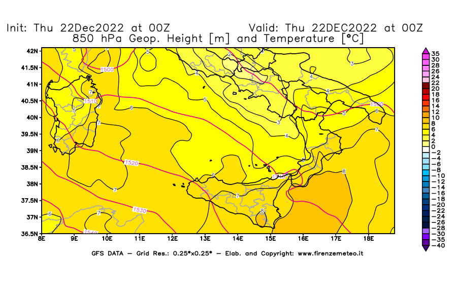 Mappa di analisi GFS - Geopotenziale [m] e Temperatura [°C] a 850 hPa in Sud-Italia
							del 22/12/2022 00 <!--googleoff: index-->UTC<!--googleon: index-->