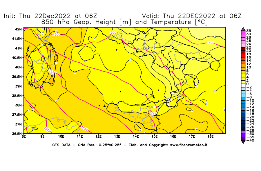 Mappa di analisi GFS - Geopotenziale [m] e Temperatura [°C] a 850 hPa in Sud-Italia
							del 22/12/2022 06 <!--googleoff: index-->UTC<!--googleon: index-->