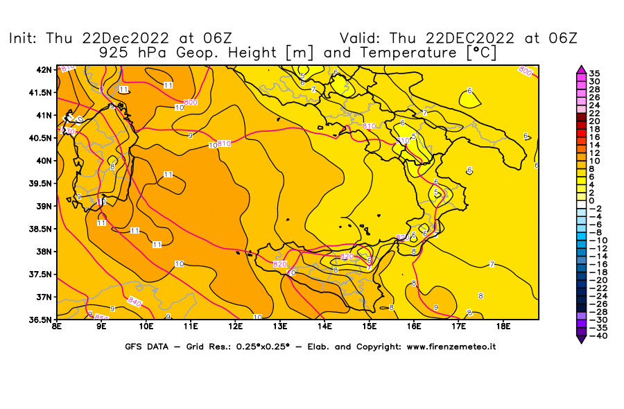 Mappa di analisi GFS - Geopotenziale [m] e Temperatura [°C] a 925 hPa in Sud-Italia
							del 22/12/2022 06 <!--googleoff: index-->UTC<!--googleon: index-->