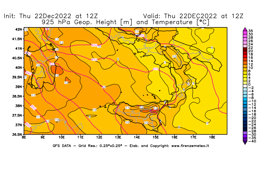 Mappa di analisi GFS - Geopotenziale [m] e Temperatura [°C] a 925 hPa in Sud-Italia
							del 22/12/2022 12 <!--googleoff: index-->UTC<!--googleon: index-->