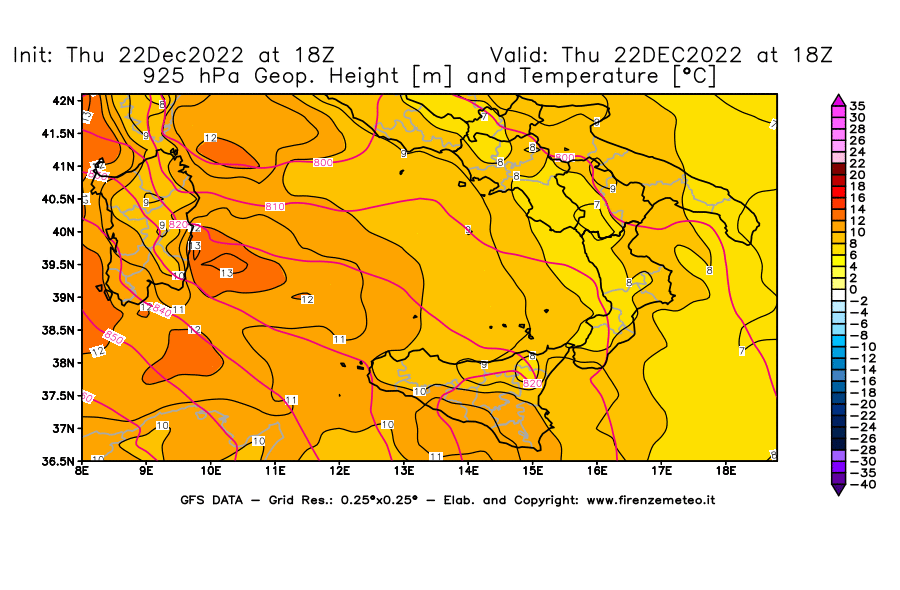Mappa di analisi GFS - Geopotenziale [m] e Temperatura [°C] a 925 hPa in Sud-Italia
							del 22/12/2022 18 <!--googleoff: index-->UTC<!--googleon: index-->