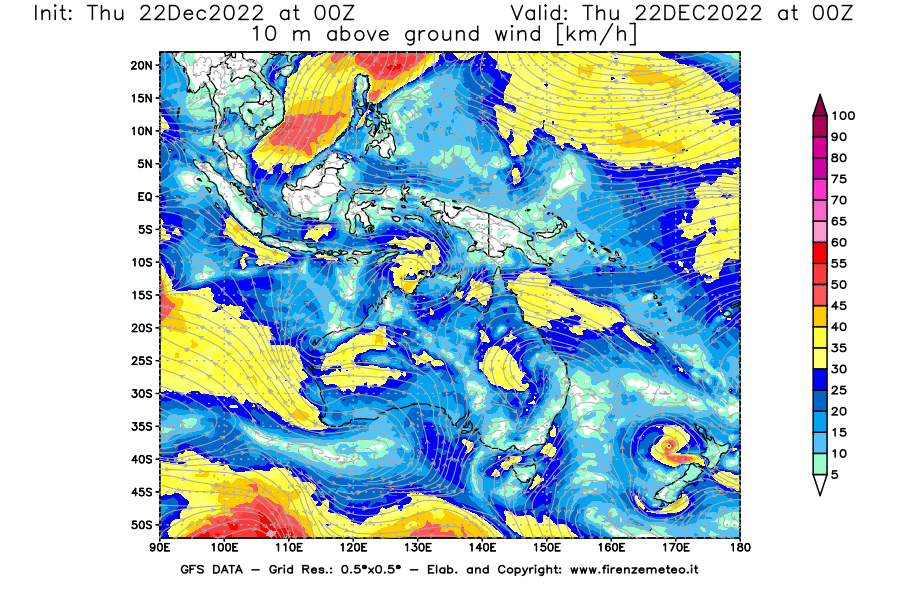 Mappa di analisi GFS - Velocità del vento a 10 metri dal suolo [km/h] in Oceania
							del 22/12/2022 00 <!--googleoff: index-->UTC<!--googleon: index-->