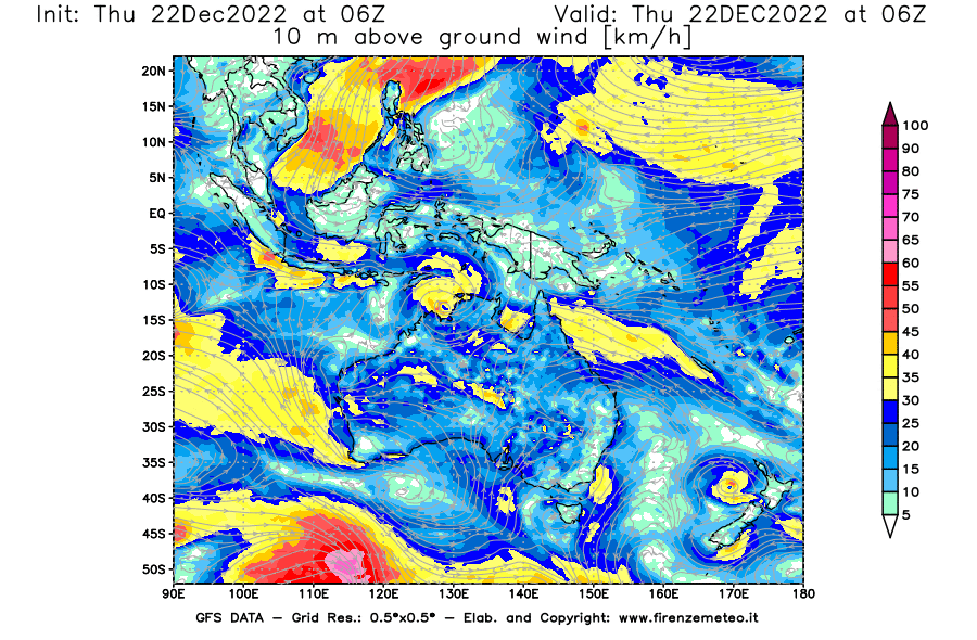 Mappa di analisi GFS - Velocità del vento a 10 metri dal suolo [km/h] in Oceania
							del 22/12/2022 06 <!--googleoff: index-->UTC<!--googleon: index-->