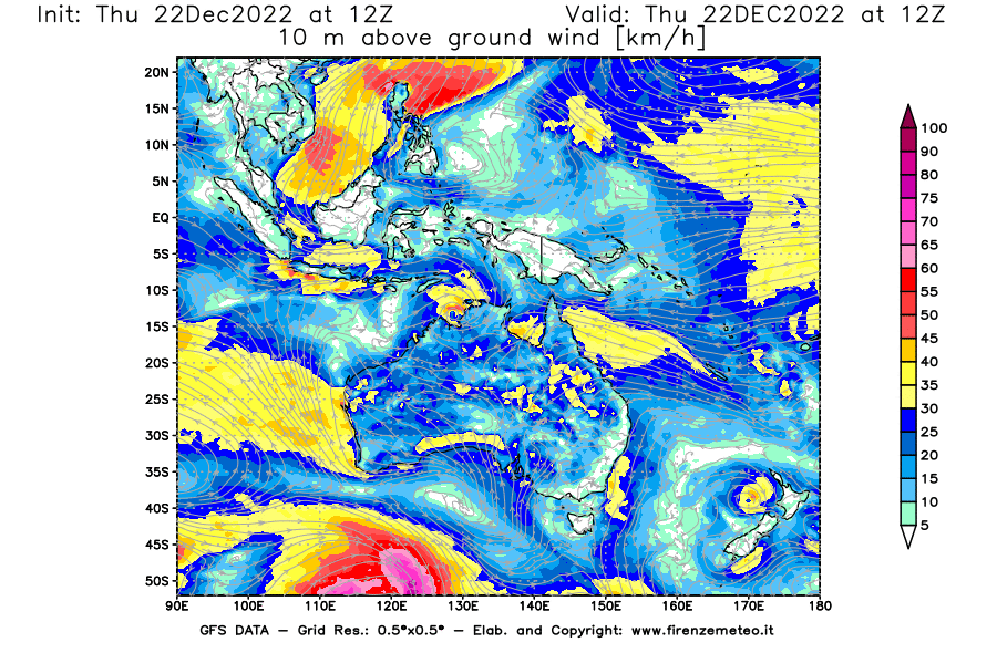 Mappa di analisi GFS - Velocità del vento a 10 metri dal suolo [km/h] in Oceania
							del 22/12/2022 12 <!--googleoff: index-->UTC<!--googleon: index-->