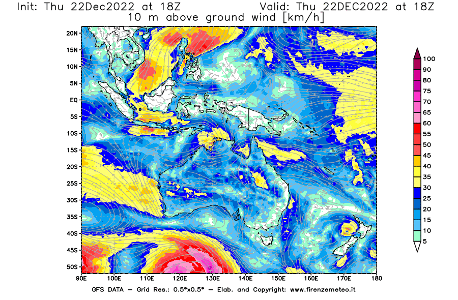 Mappa di analisi GFS - Velocità del vento a 10 metri dal suolo [km/h] in Oceania
							del 22/12/2022 18 <!--googleoff: index-->UTC<!--googleon: index-->