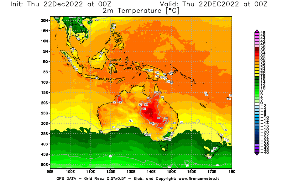 Mappa di analisi GFS - Temperatura a 2 metri dal suolo [°C] in Oceania
							del 22/12/2022 00 <!--googleoff: index-->UTC<!--googleon: index-->