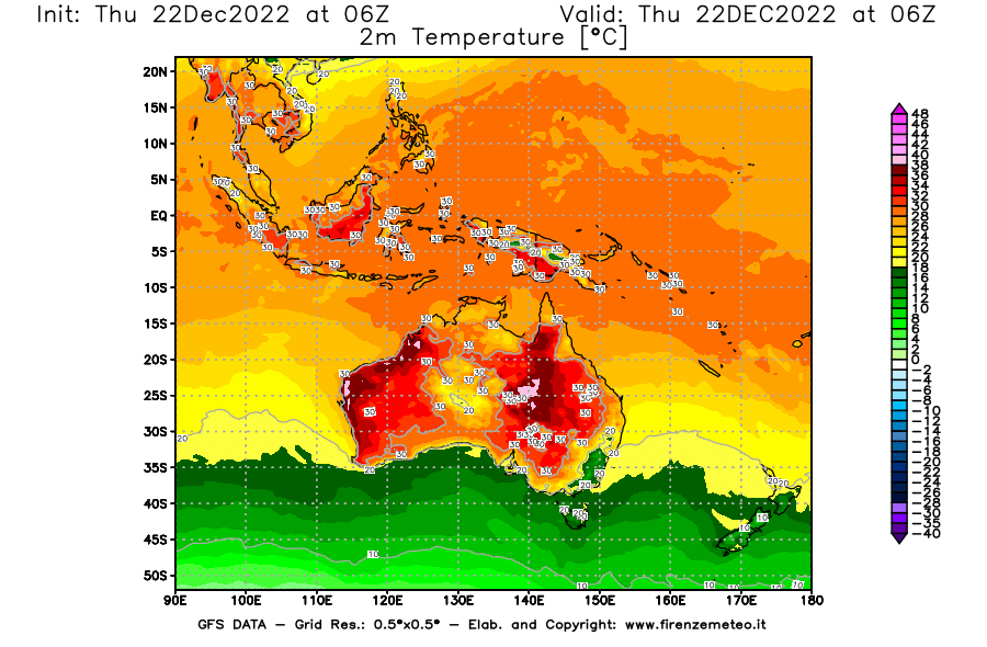 Mappa di analisi GFS - Temperatura a 2 metri dal suolo [°C] in Oceania
							del 22/12/2022 06 <!--googleoff: index-->UTC<!--googleon: index-->