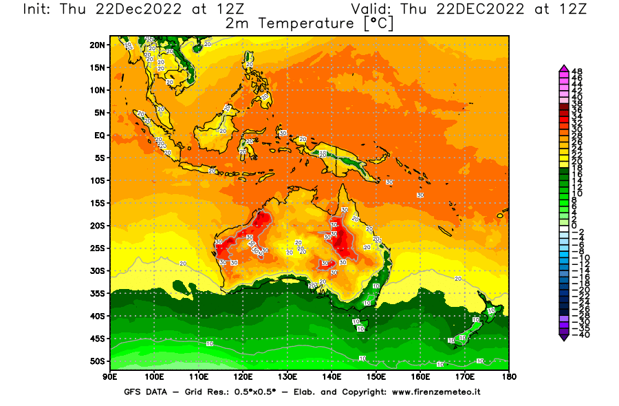 Mappa di analisi GFS - Temperatura a 2 metri dal suolo [°C] in Oceania
							del 22/12/2022 12 <!--googleoff: index-->UTC<!--googleon: index-->