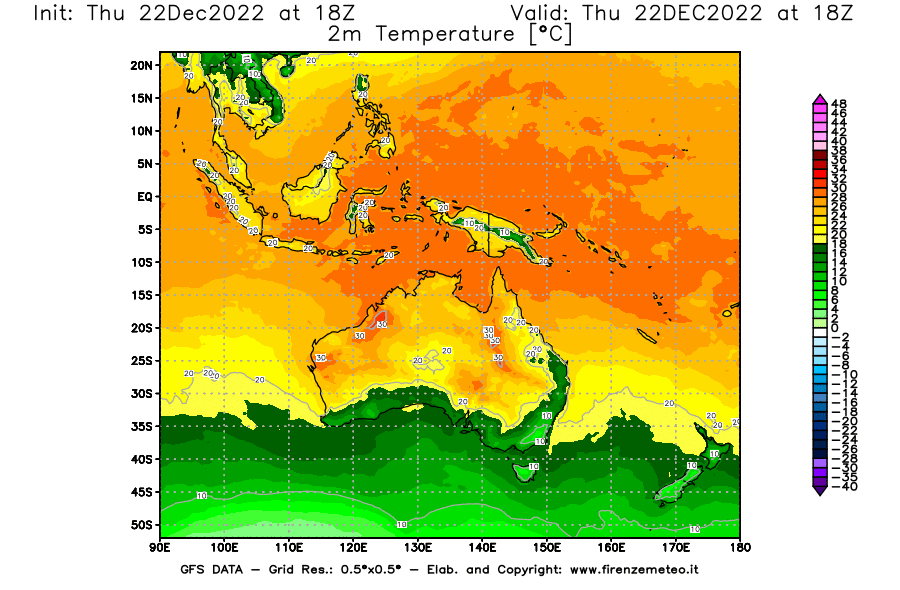 Mappa di analisi GFS - Temperatura a 2 metri dal suolo [°C] in Oceania
							del 22/12/2022 18 <!--googleoff: index-->UTC<!--googleon: index-->