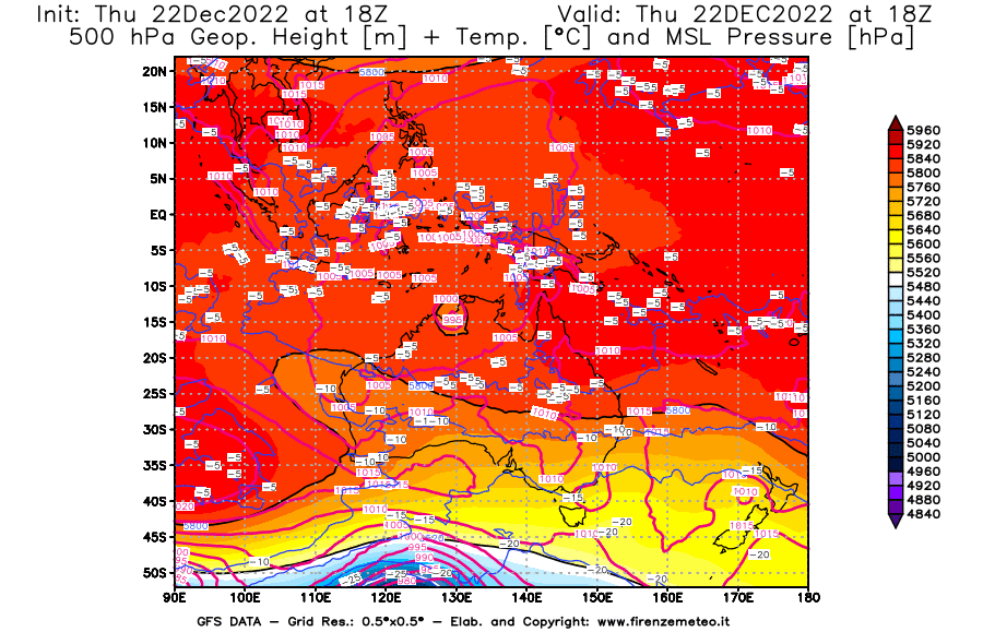 Mappa di analisi GFS - Geopotenziale [m] + Temp. [°C] a 500 hPa + Press. a livello del mare [hPa] in Oceania
							del 22/12/2022 18 <!--googleoff: index-->UTC<!--googleon: index-->