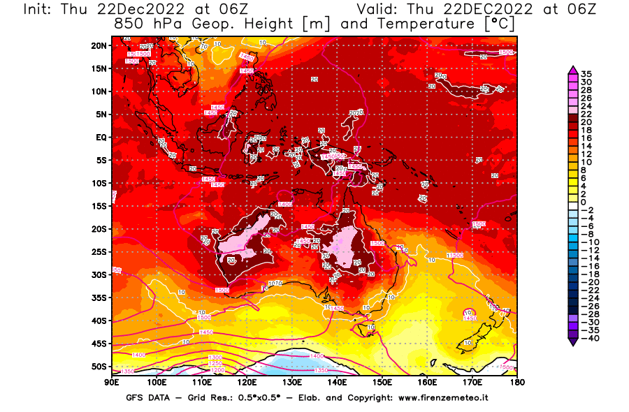 Mappa di analisi GFS - Geopotenziale [m] e Temperatura [°C] a 850 hPa in Oceania
							del 22/12/2022 06 <!--googleoff: index-->UTC<!--googleon: index-->