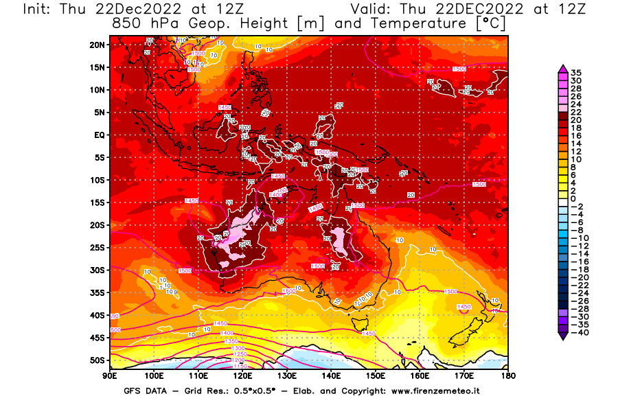 Mappa di analisi GFS - Geopotenziale [m] e Temperatura [°C] a 850 hPa in Oceania
							del 22/12/2022 12 <!--googleoff: index-->UTC<!--googleon: index-->