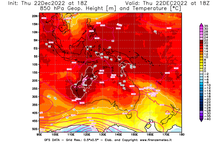 Mappa di analisi GFS - Geopotenziale [m] e Temperatura [°C] a 850 hPa in Oceania
							del 22/12/2022 18 <!--googleoff: index-->UTC<!--googleon: index-->