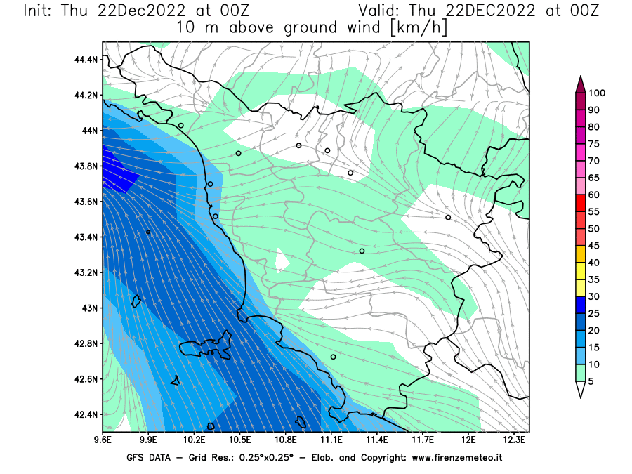 Mappa di analisi GFS - Velocità del vento a 10 metri dal suolo [km/h] in Toscana
							del 22/12/2022 00 <!--googleoff: index-->UTC<!--googleon: index-->