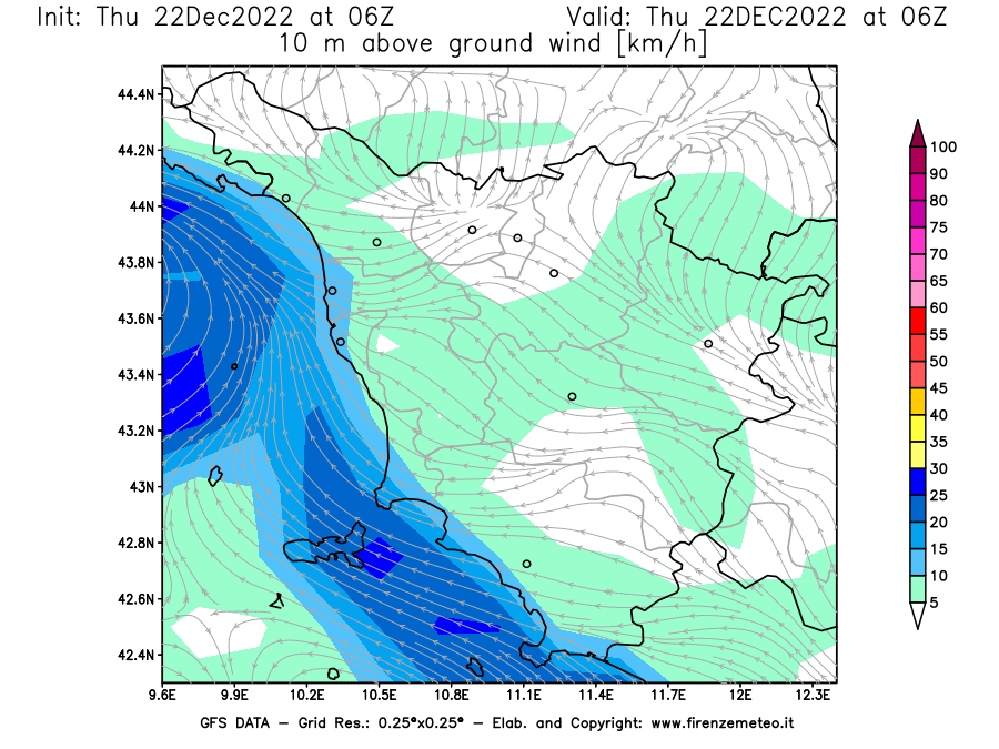 Mappa di analisi GFS - Velocità del vento a 10 metri dal suolo [km/h] in Toscana
							del 22/12/2022 06 <!--googleoff: index-->UTC<!--googleon: index-->