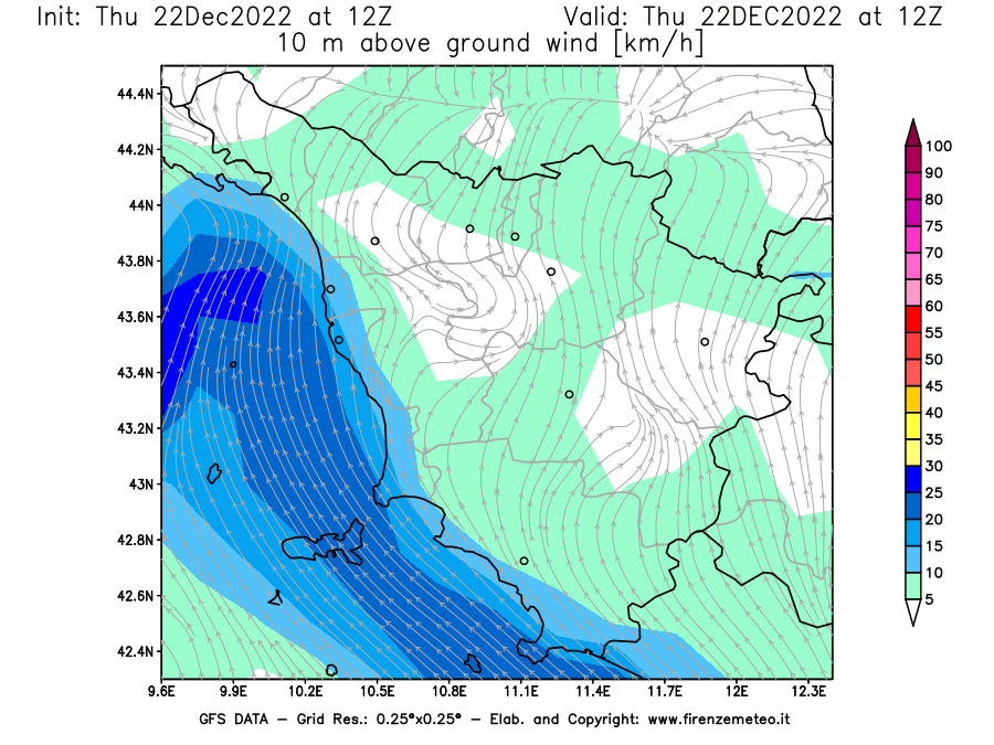 Mappa di analisi GFS - Velocità del vento a 10 metri dal suolo [km/h] in Toscana
							del 22/12/2022 12 <!--googleoff: index-->UTC<!--googleon: index-->