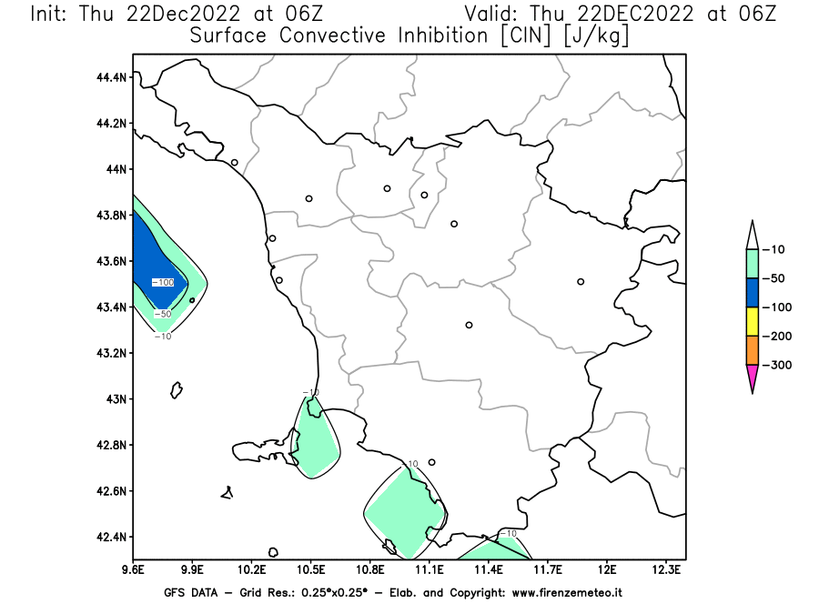 Mappa di analisi GFS - CIN [J/kg] in Toscana
							del 22/12/2022 06 <!--googleoff: index-->UTC<!--googleon: index-->